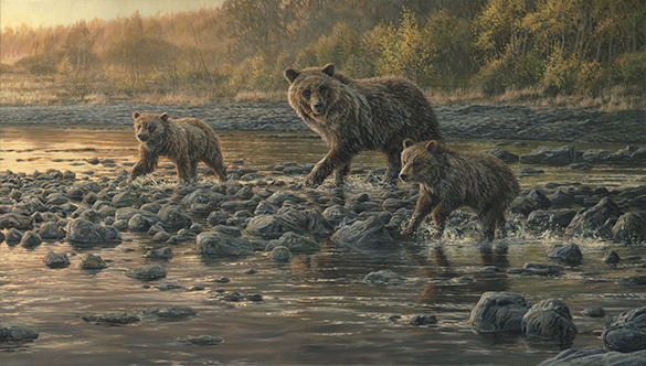 Grizzly bear family- Mother bear and cubs oil painting by Martin Ridley